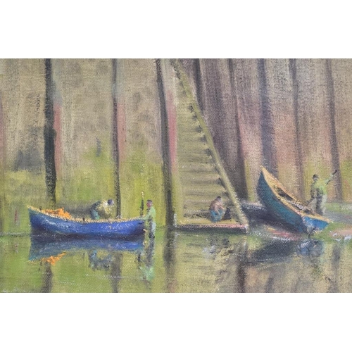 470 - Jack Russell (b.1963), Blue Boats, oil on canvas, signed lower left and dated '95, inscribed by the ... 