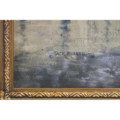 470 - Jack Russell (b.1963), Blue Boats, oil on canvas, signed lower left and dated '95, inscribed by the ... 