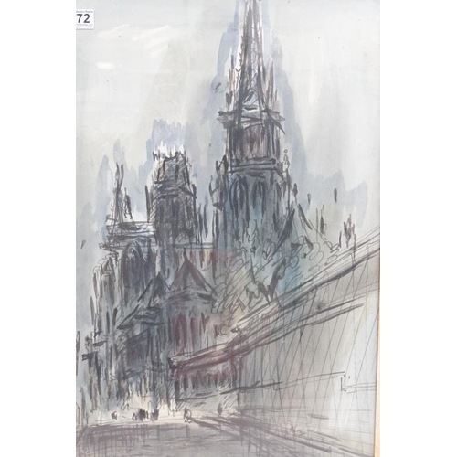 472 - Early 20th century Watercolour Cityscape and Cathedral of Rouen, France inscribed and bearing signat... 