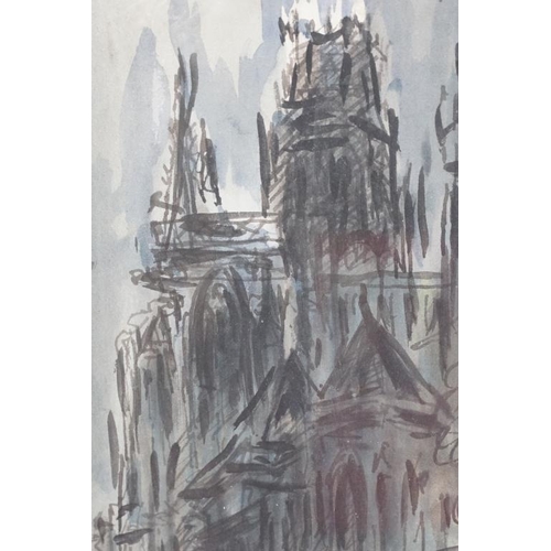 472 - Early 20th century Watercolour Cityscape and Cathedral of Rouen, France inscribed and bearing signat... 