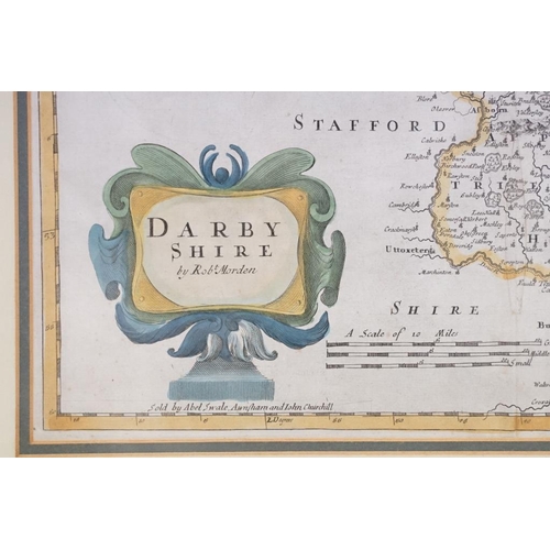 478 - Three maps by Robert Morden, comprising: Darbyshire map, hand coloured engraving, 36.5 x 42cm, Surre... 