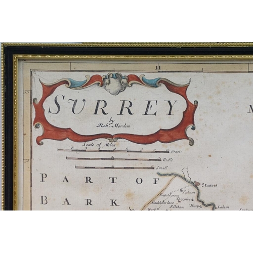 478 - Three maps by Robert Morden, comprising: Darbyshire map, hand coloured engraving, 36.5 x 42cm, Surre... 