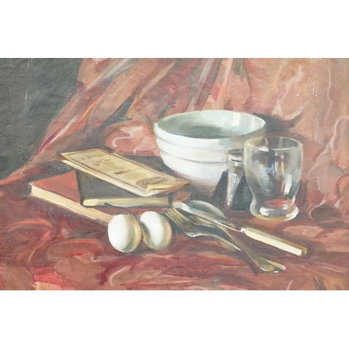 480 - Norma Ingram (1907-1992) Oil on Canvas Still Life of items displayed on a drape, 45cm x 55cm