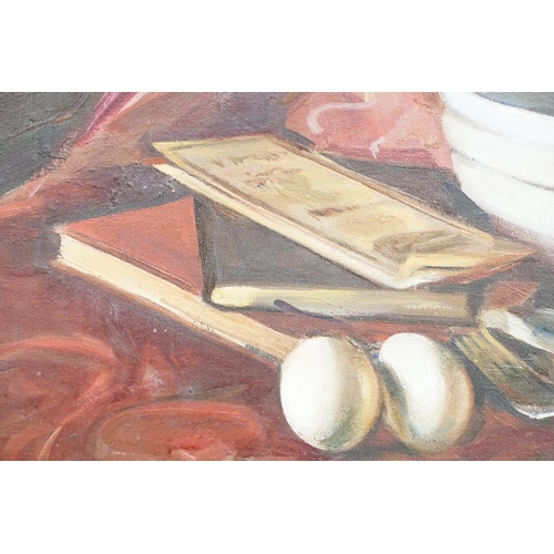 480 - Norma Ingram (1907-1992) Oil on Canvas Still Life of items displayed on a drape, 45cm x 55cm