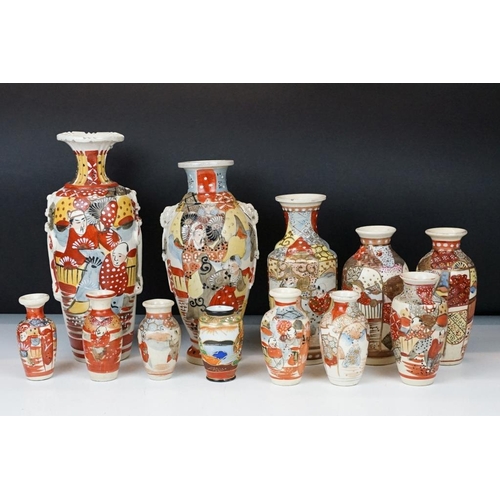 57 - Collection of twelve 20th century Japanese satsuma vases of baluster form, varying in size, with ena... 