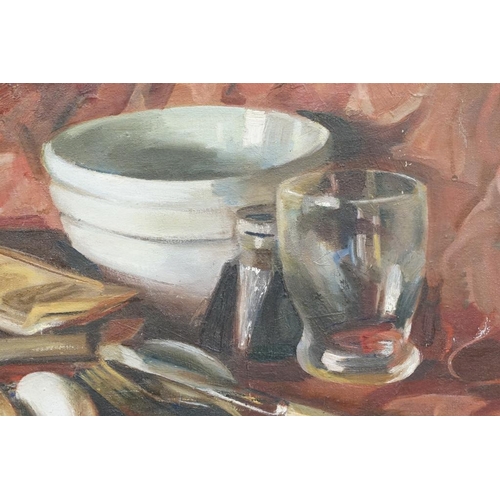 480 - Norma Ingram (1907-1992) Oil on Canvas Still Life of items displayed on a drape, 45cm x 55cm