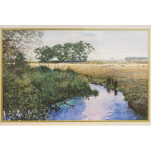 481 - RM Boulton, river scene with sheep in the field behind, watercolour, signed lower right, 30 x 49cm t... 