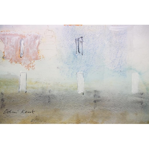 483 - Colin Kent, abstract view of coastal houses, watercolour and gouache, signed lower left, 28 x 20.5cm... 