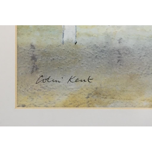 483 - Colin Kent, abstract view of coastal houses, watercolour and gouache, signed lower left, 28 x 20.5cm... 