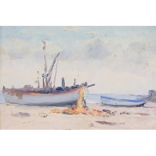 484 - Hugh Boycott Brown (1909 - 1990), Beached Boats, oil on board, signed lower right, gallery label ver... 