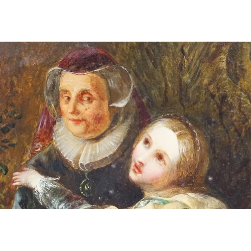 488 - Continental School, portrait of two ladies in Medieval dress with Classical backdrop, oil on board, ... 