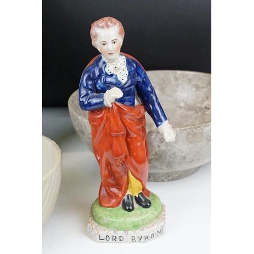 64 - 19th Century Victorian Lord Byron Staffordshire figurine, together with two carved stone bowls, a si... 