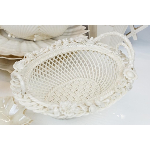 65 - Collection of Belleek moulded cream ceramics, 1st & 2nd period, to include a reticulated basket, 31 ... 