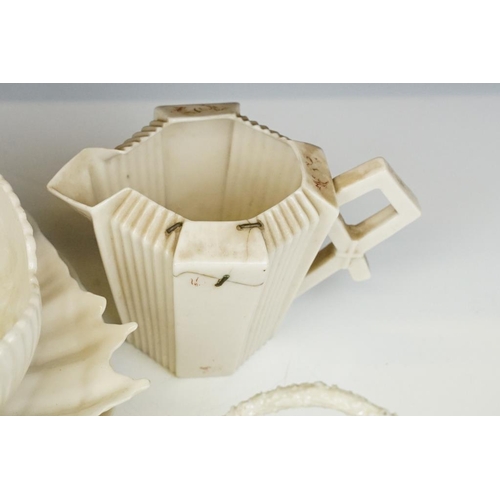 65 - Collection of Belleek moulded cream ceramics, 1st & 2nd period, to include a reticulated basket, 31 ... 