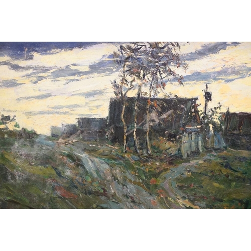 493 - Russian School, Oil on Board Country Landscape with dwelling at sunset, gallery stamp on verso, 30.5... 