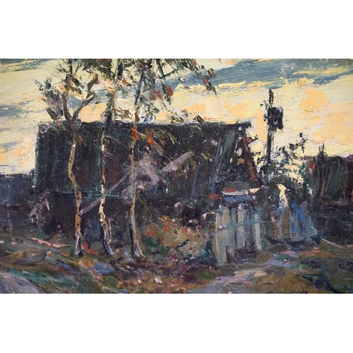 493 - Russian School, Oil on Board Country Landscape with dwelling at sunset, gallery stamp on verso, 30.5... 