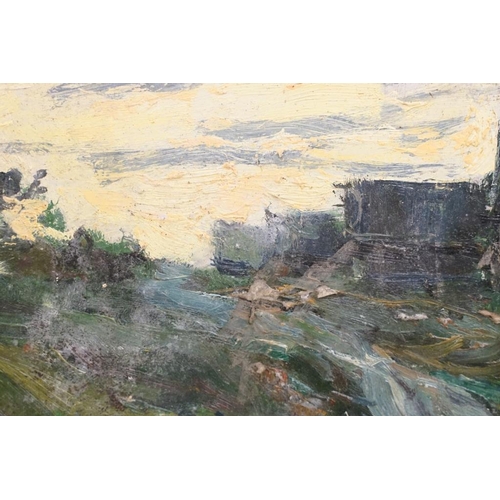 493 - Russian School, Oil on Board Country Landscape with dwelling at sunset, gallery stamp on verso, 30.5... 