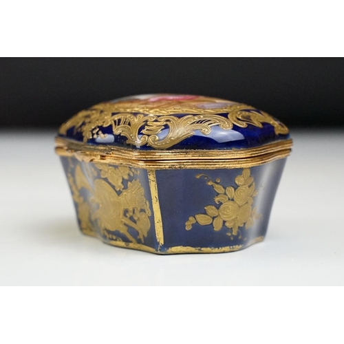 71 - 19th Century Sevres blue ground porcelain casket, of tapered bombe outline, the domed lid with an in... 