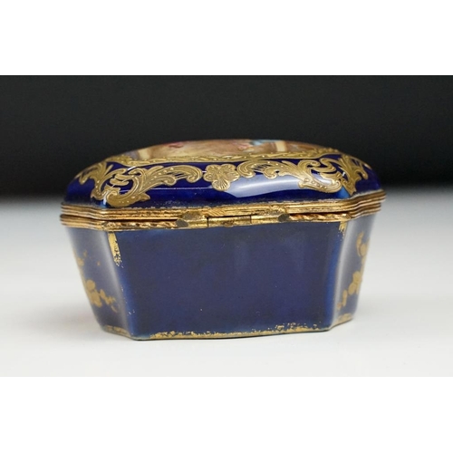 71 - 19th Century Sevres blue ground porcelain casket, of tapered bombe outline, the domed lid with an in... 