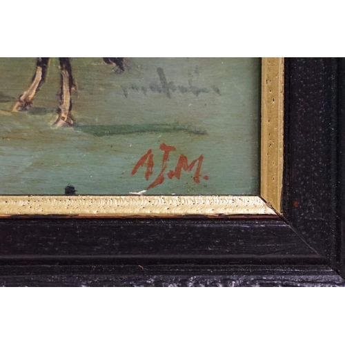 496 - Oil painting of horses with monogram bottom right corner