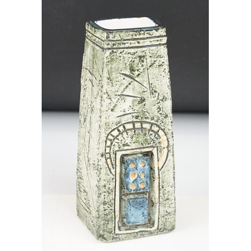 75 - Troika Pottery ' Coffin ' vase with incised & textured decoration, signed 'Troika' to base, with art... 