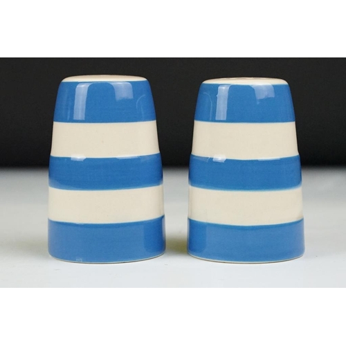 77 - TG Green Cornishware blue & white salt and pepper cruet set, with black lettering, printed factor ma... 