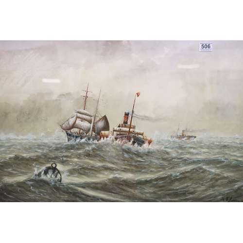 506 - M.S. Adams, nautical scene, watercolour, signed lower right and dated 190?, 49 x 74.5cm, gilt framed