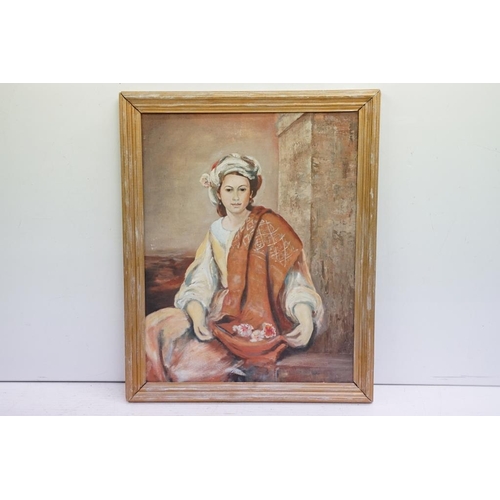 509 - Continental School, three quarter length portrait of a woman, oil on canvas, 70 x 54cm, framed