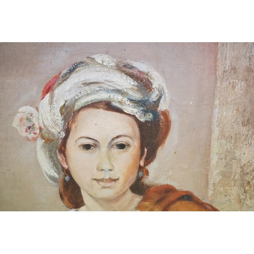 509 - Continental School, three quarter length portrait of a woman, oil on canvas, 70 x 54cm, framed