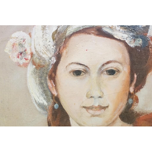 509 - Continental School, three quarter length portrait of a woman, oil on canvas, 70 x 54cm, framed