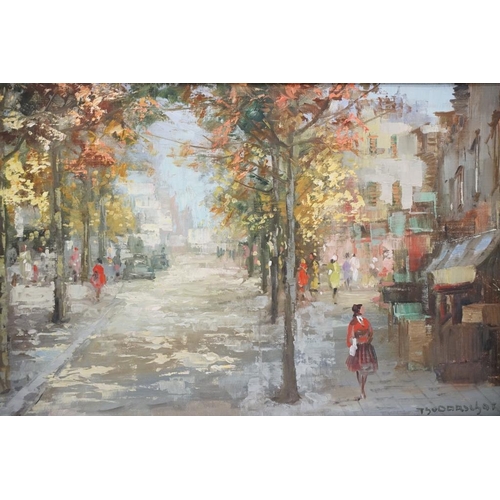 513 - Continental School, Parisian street scene, oil on canvas, indistinctly signed lower right, 39 x 79cm... 