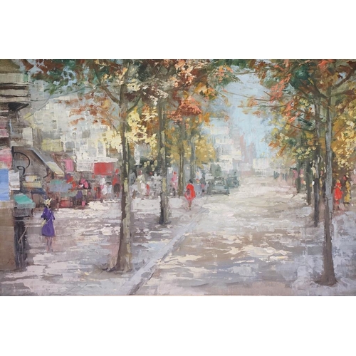 513 - Continental School, Parisian street scene, oil on canvas, indistinctly signed lower right, 39 x 79cm... 