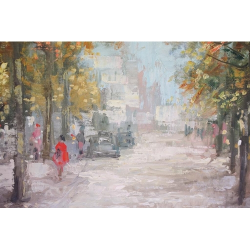 513 - Continental School, Parisian street scene, oil on canvas, indistinctly signed lower right, 39 x 79cm... 