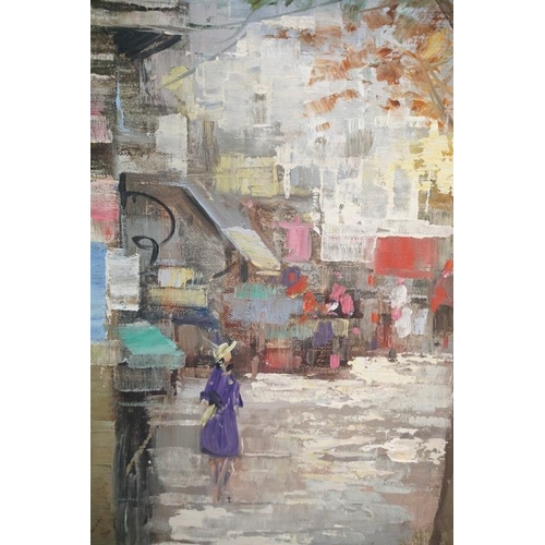 513 - Continental School, Parisian street scene, oil on canvas, indistinctly signed lower right, 39 x 79cm... 