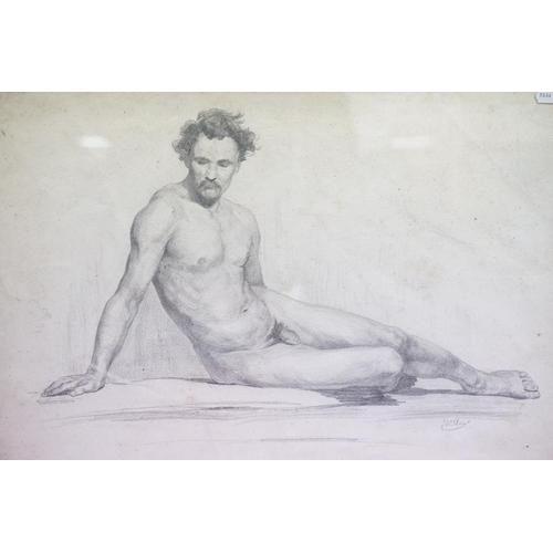 515 - English School, reclining male nude, pencil, indistinctly signed lower right, label verso, label ver... 