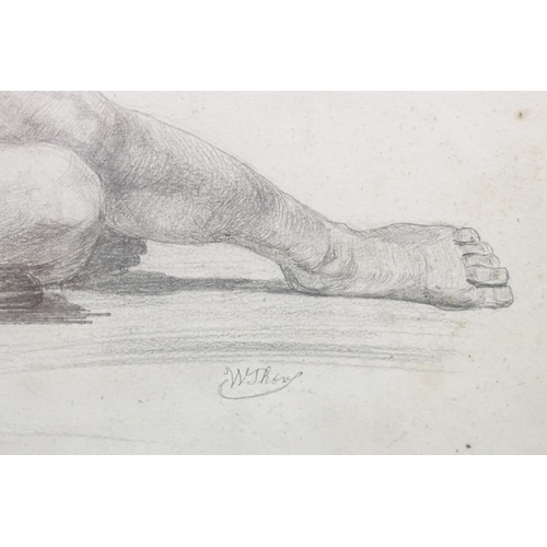 515 - English School, reclining male nude, pencil, indistinctly signed lower right, label verso, label ver... 