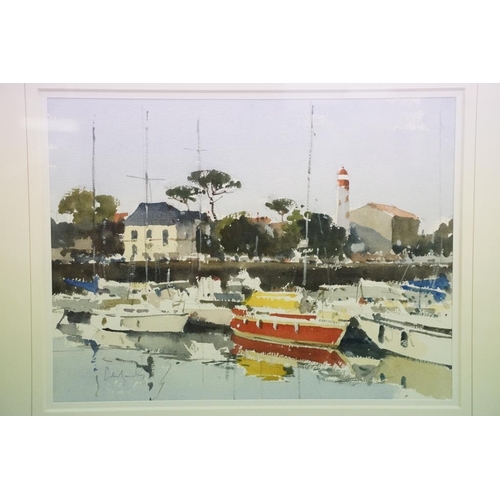 516 - John Yardley (b.1933), The Red Yacht, La Rochelle, watercolour, signed in pencil lower left, label v... 