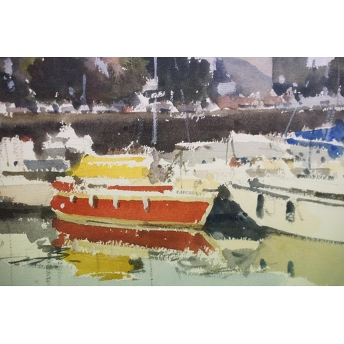 516 - John Yardley (b.1933), The Red Yacht, La Rochelle, watercolour, signed in pencil lower left, label v... 