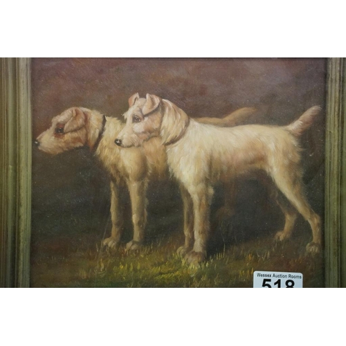 518 - Oil on Board Study of Two Parson Russell Terriers, Oak Framed, 19cm x 23cm