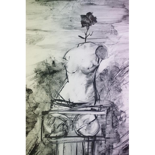 520 - Framed Signed Ink Drawing of a Surrealist Classical scene with Plinth and Sculpture, 43 x 43cm