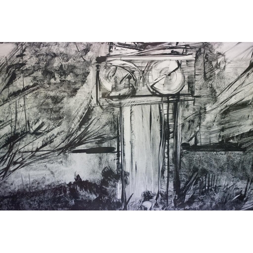 520 - Framed Signed Ink Drawing of a Surrealist Classical scene with Plinth and Sculpture, 43 x 43cm