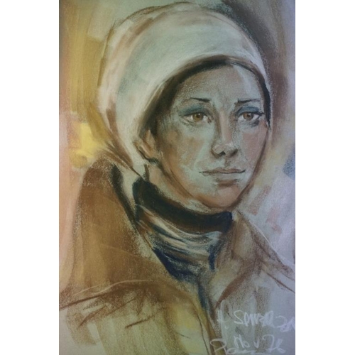 522 - 20th century Signed Pastel and Chalk Portrait of a Young Woman in outdoor attire, 47.5cm x 31cm