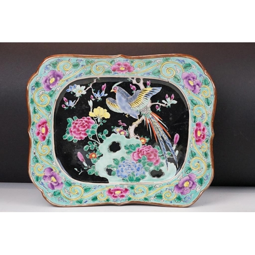 96A - Chinese Famille Rose dish of shaped rectangular form, decorated with a bird amongst blossoming branc... 