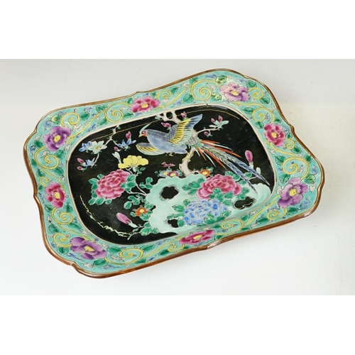 96A - Chinese Famille Rose dish of shaped rectangular form, decorated with a bird amongst blossoming branc... 