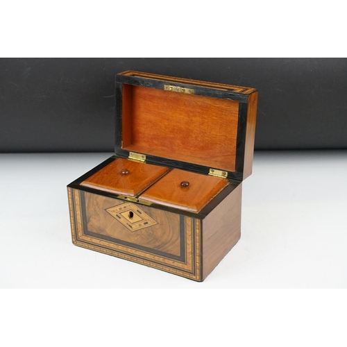 173 - 19th century tea caddy with marquetry inlaid banding decoration and walnut veneer, the lid opening t... 