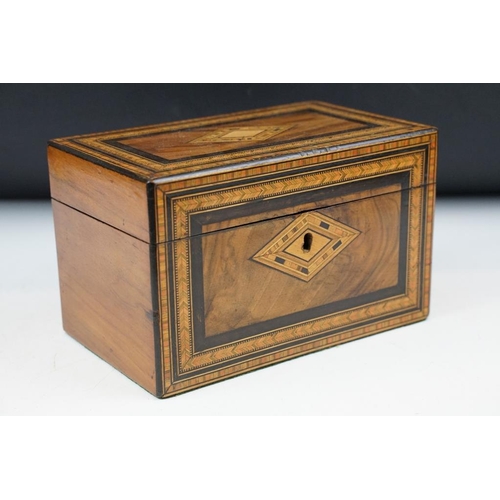 173 - 19th century tea caddy with marquetry inlaid banding decoration and walnut veneer, the lid opening t... 