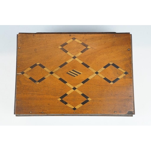 175 - 19th century mahogany box with inlaid geometric decoration to lid, opening to an internal tray with ... 