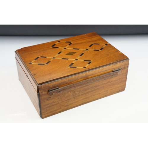 175 - 19th century mahogany box with inlaid geometric decoration to lid, opening to an internal tray with ... 