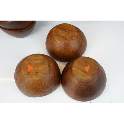 176 - Set of six mid 20th C carved teak bowls by Peter John, stamped to bases, approx 15cm diameter