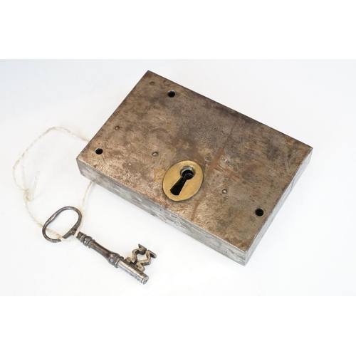 177 - Heavy duty steel safe lock & key, together with a brass door letter box (20.5cm high)